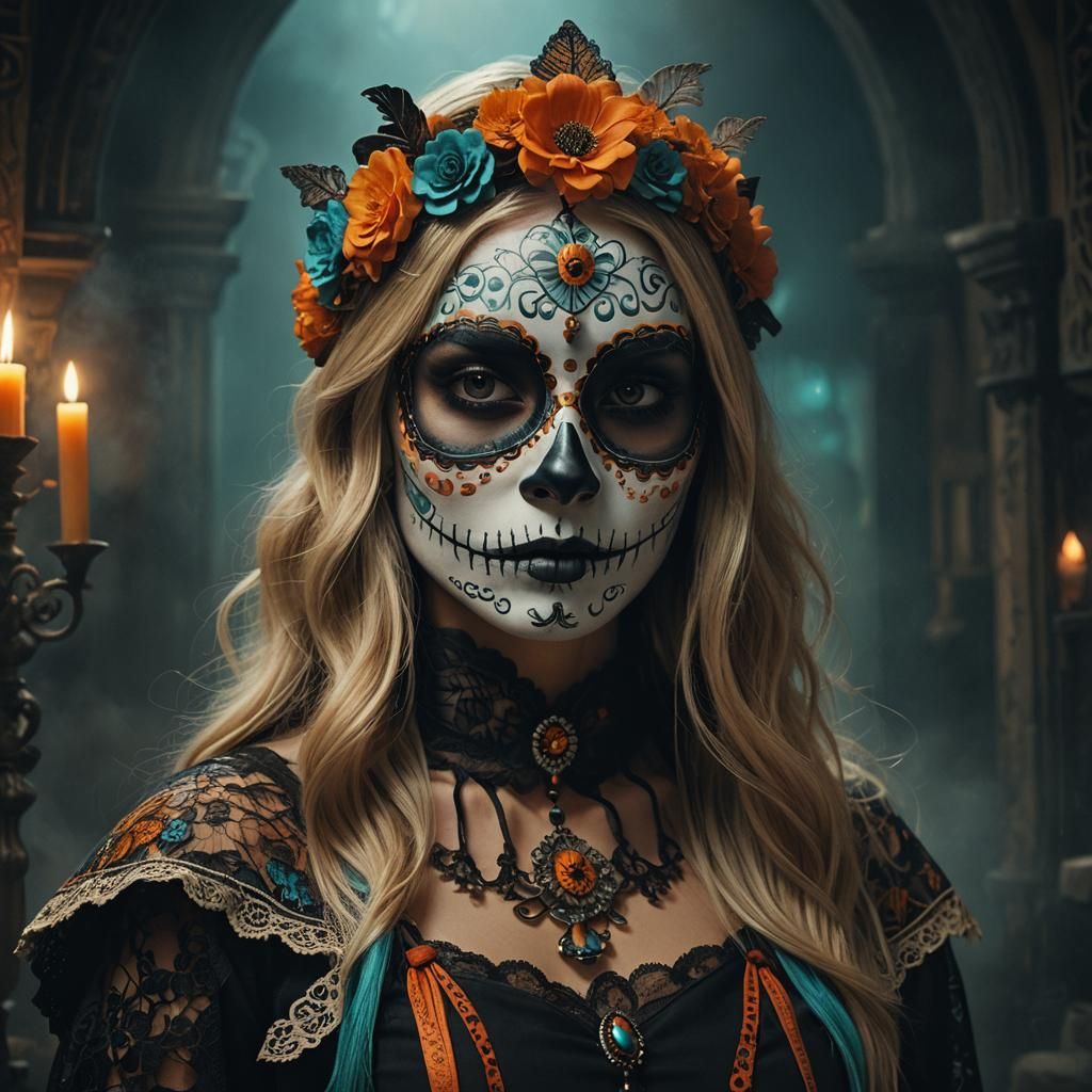Beautiful Spanish Woman in Catrina Costume: Fantasy Art