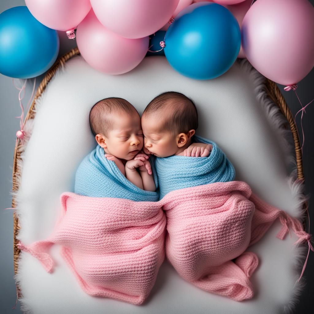 Newborn Babies with Pink and Blue Balloons
