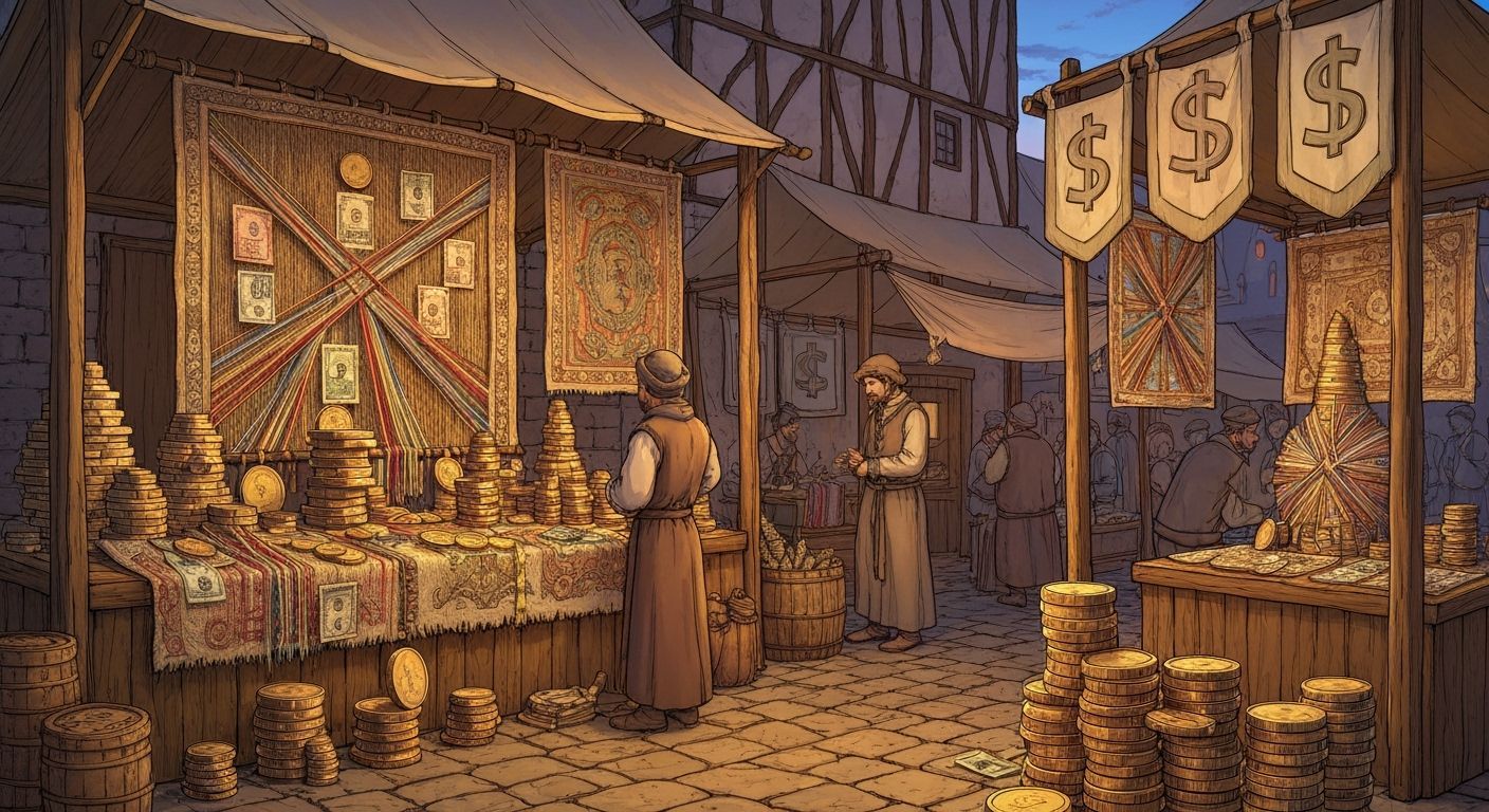 Medieval Marketplace at Dusk: Tapestries & Coin Sculptures