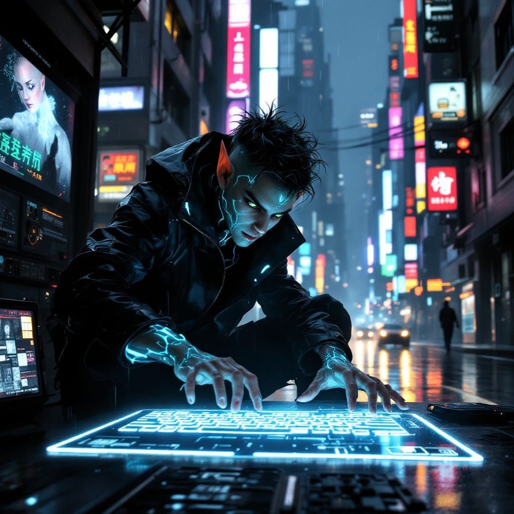 Cyberpunk Elf Hacker in a Rain-Soaked Cityscape
