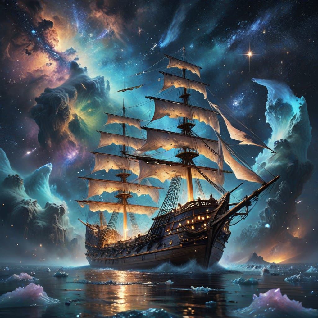Ethereal Galleon in Starry Nebula, Splatter Art