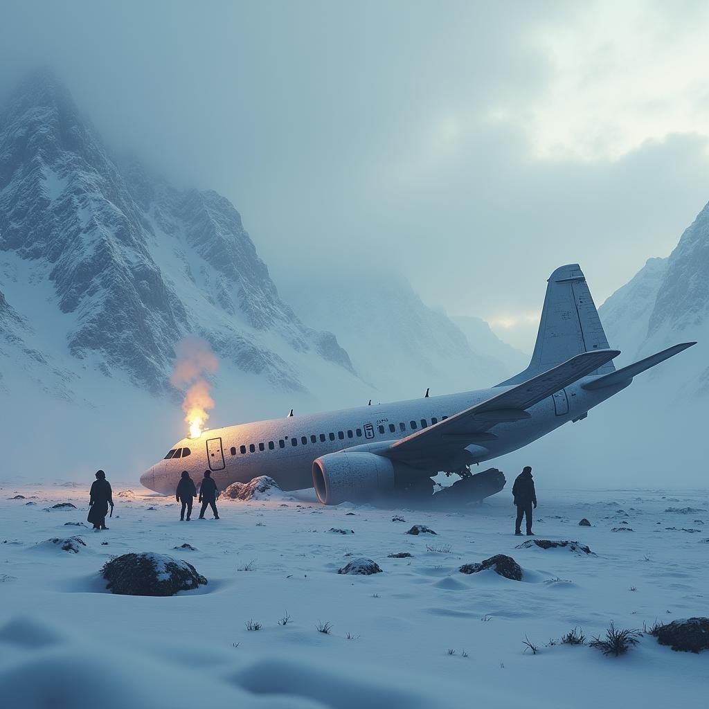Crashed Airplane in Snowy Mountains: Fantasy Art