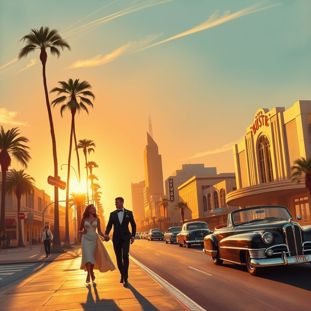 Luxurious Sunset Boulevard Evening Scene in Art Deco Style