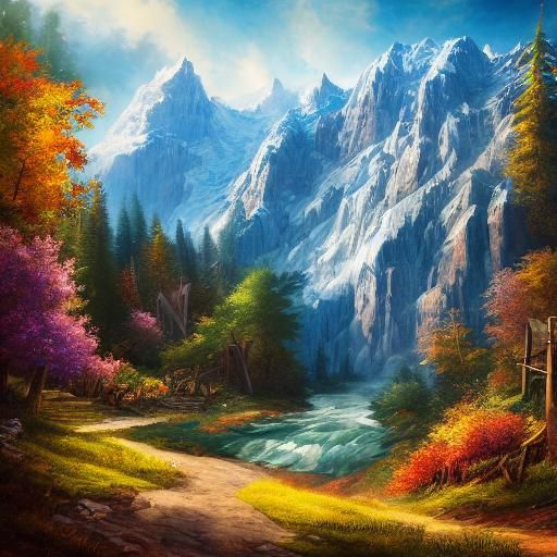 Hyperrealistic Mountain Valley in Splash Art Style