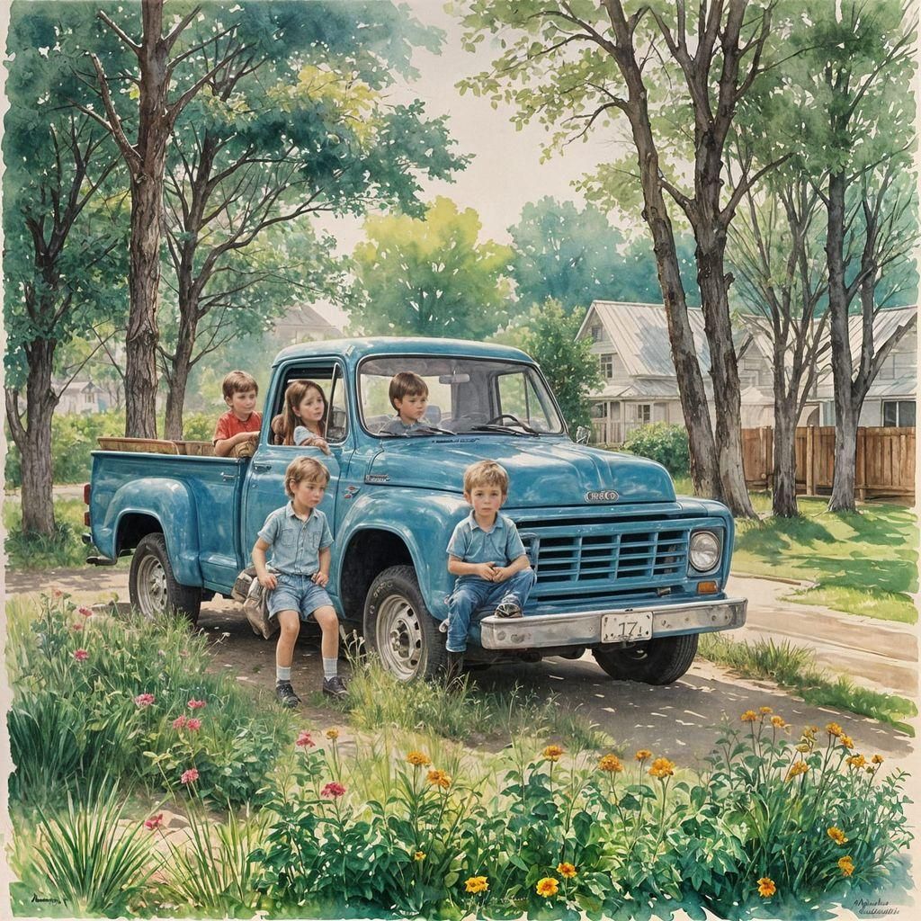 Children in Blue Pickup, Watercolor, Rockwell Style