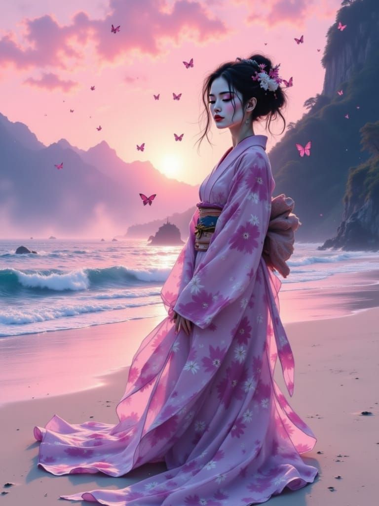 Geisha on Beach at Sunset in Japanese Ink Art Style