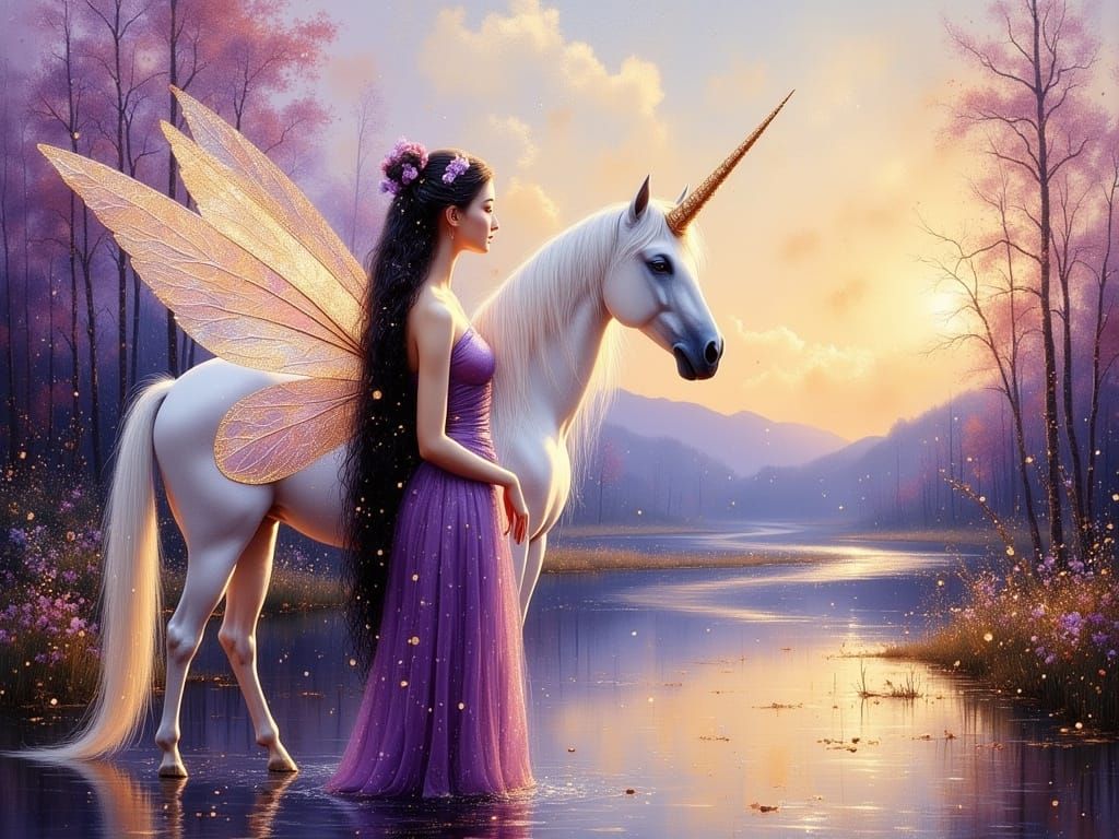 Fairy with Unicorn in Magical Landscape