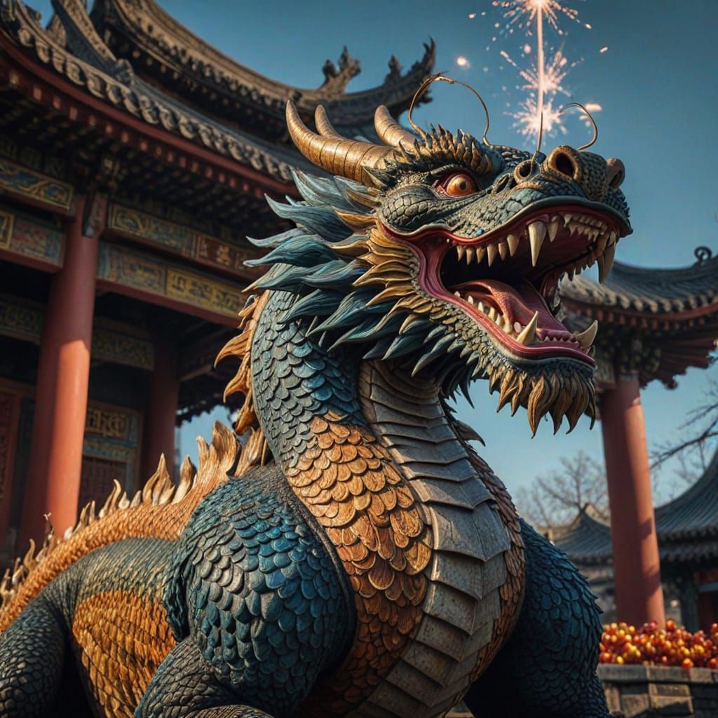 Majestic Chinese Dragon Celebrates New Year with Fireworks