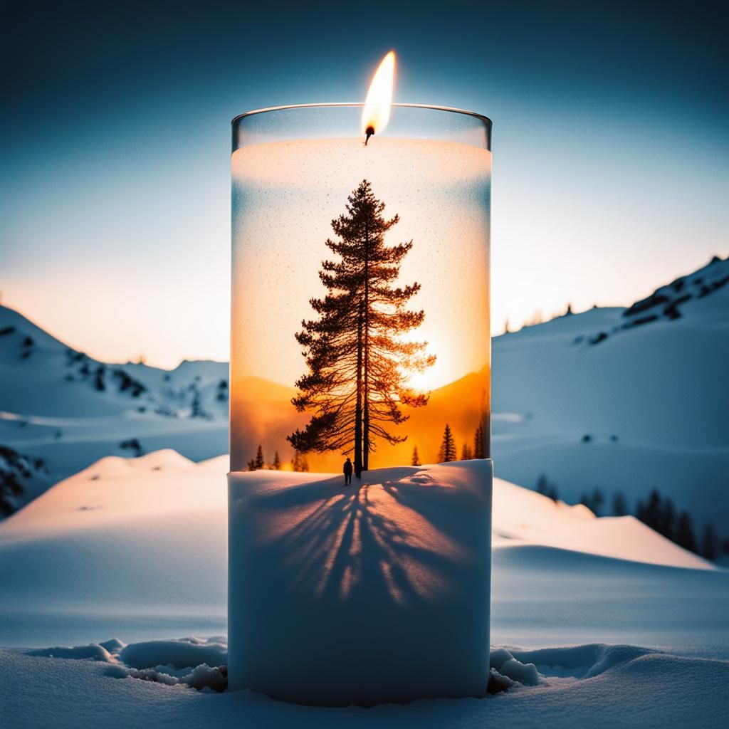Double Exposure Candle in Snowy Landscape