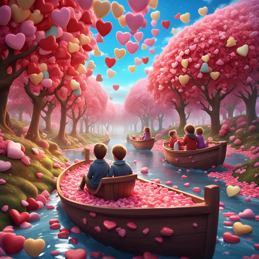 Valentine Candy Boat on Chocolate River: Fantasy Art