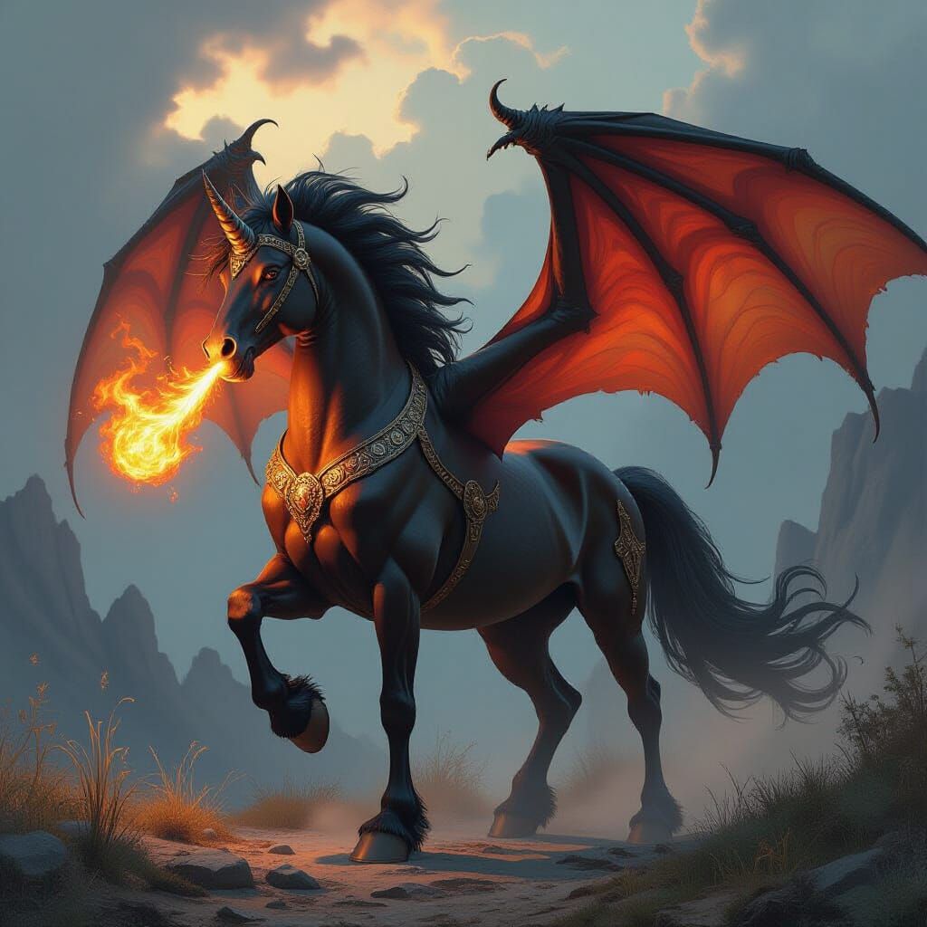 Majestic Horse-Dragon Hybrid in Fantasy Realm