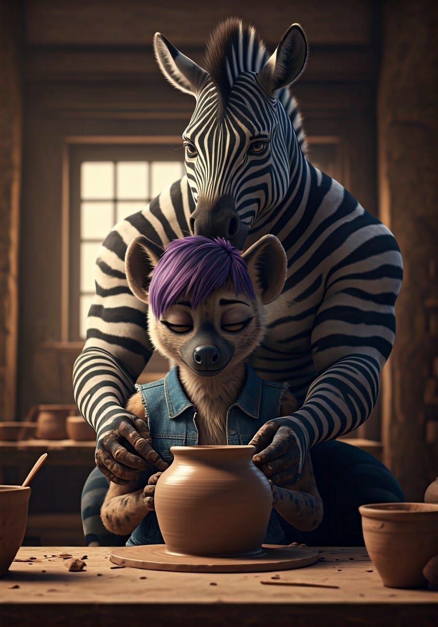 Romantic Pottery Scene with Zebra Man and Hyena Woman
