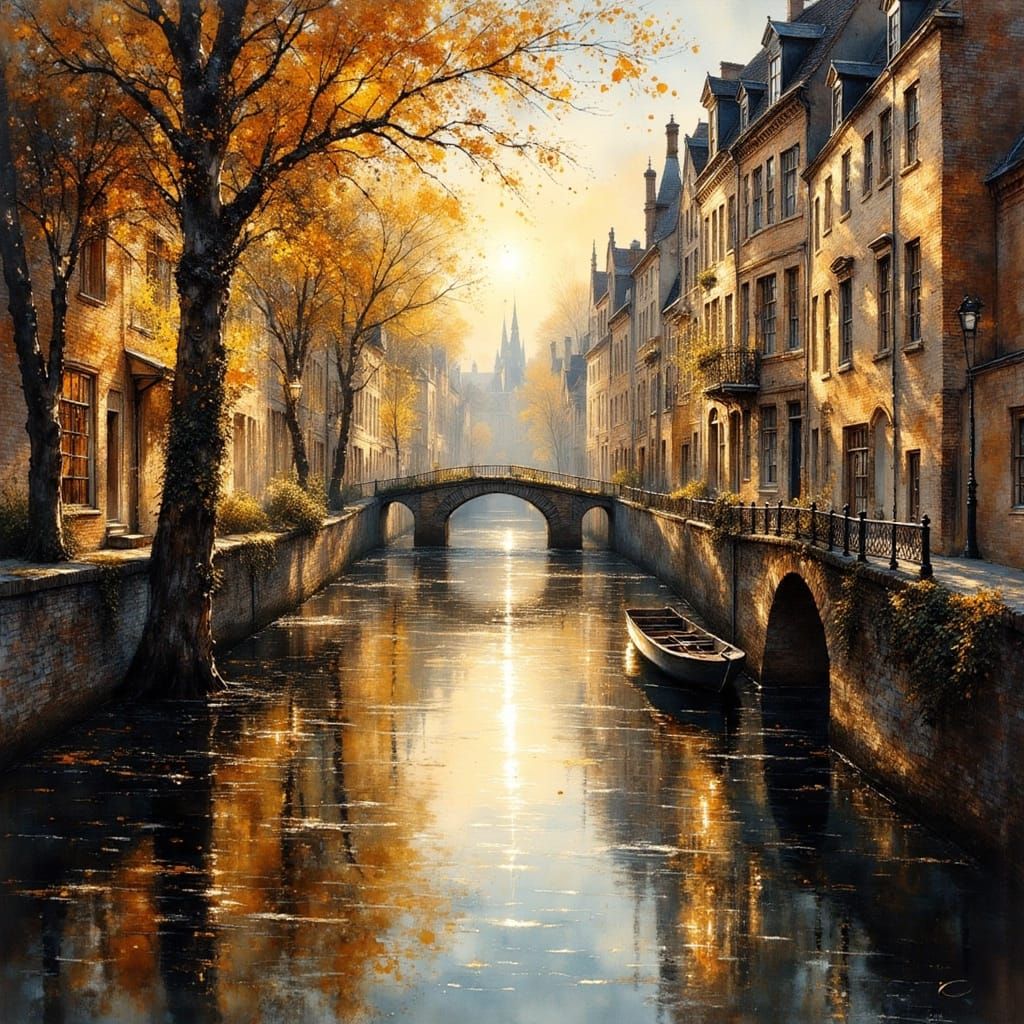 Bruges at Evening, in the Style of Toulouse-Lautrec