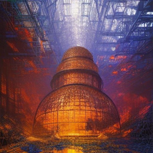 Giant Cage Engulfs World: Fantastical Triadic Painting