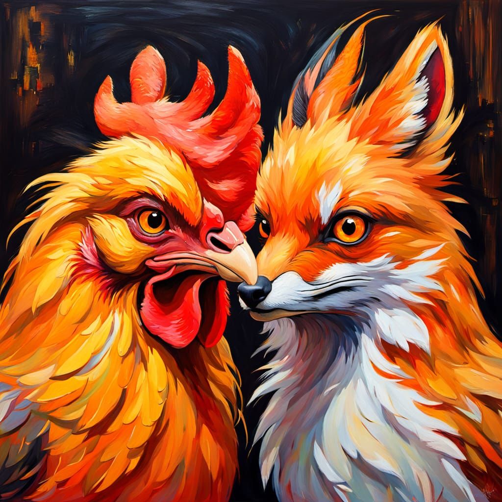 Fauvist Chicken and Fox Close Up in Warm Golden Light