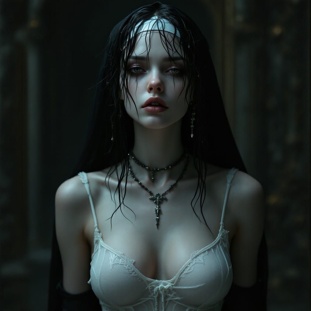Gothic Nun in Wet Lingerie