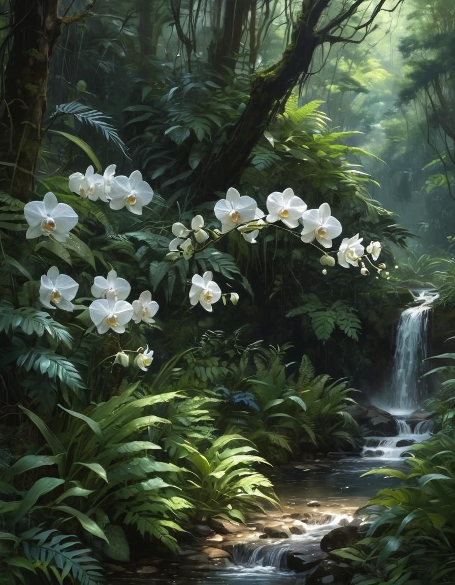 Lush Rainforest with White Orchids, Watercolor Art