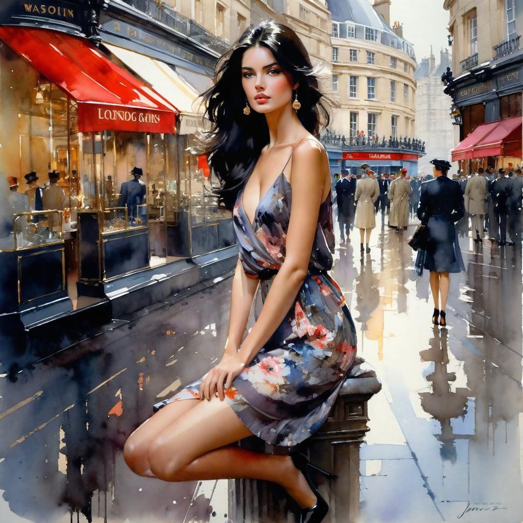 English Girl in London: Watercolor Splash Art Portrait