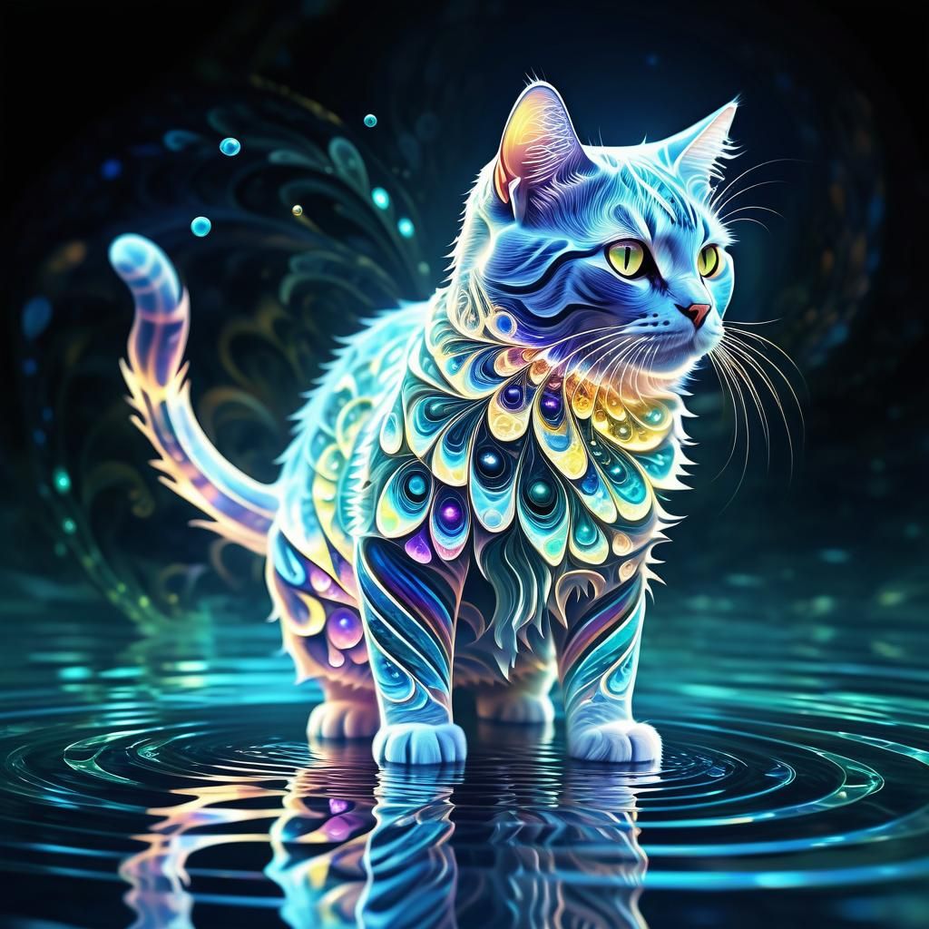 Luminous Fractal Cat Gazing at Pond Reflection