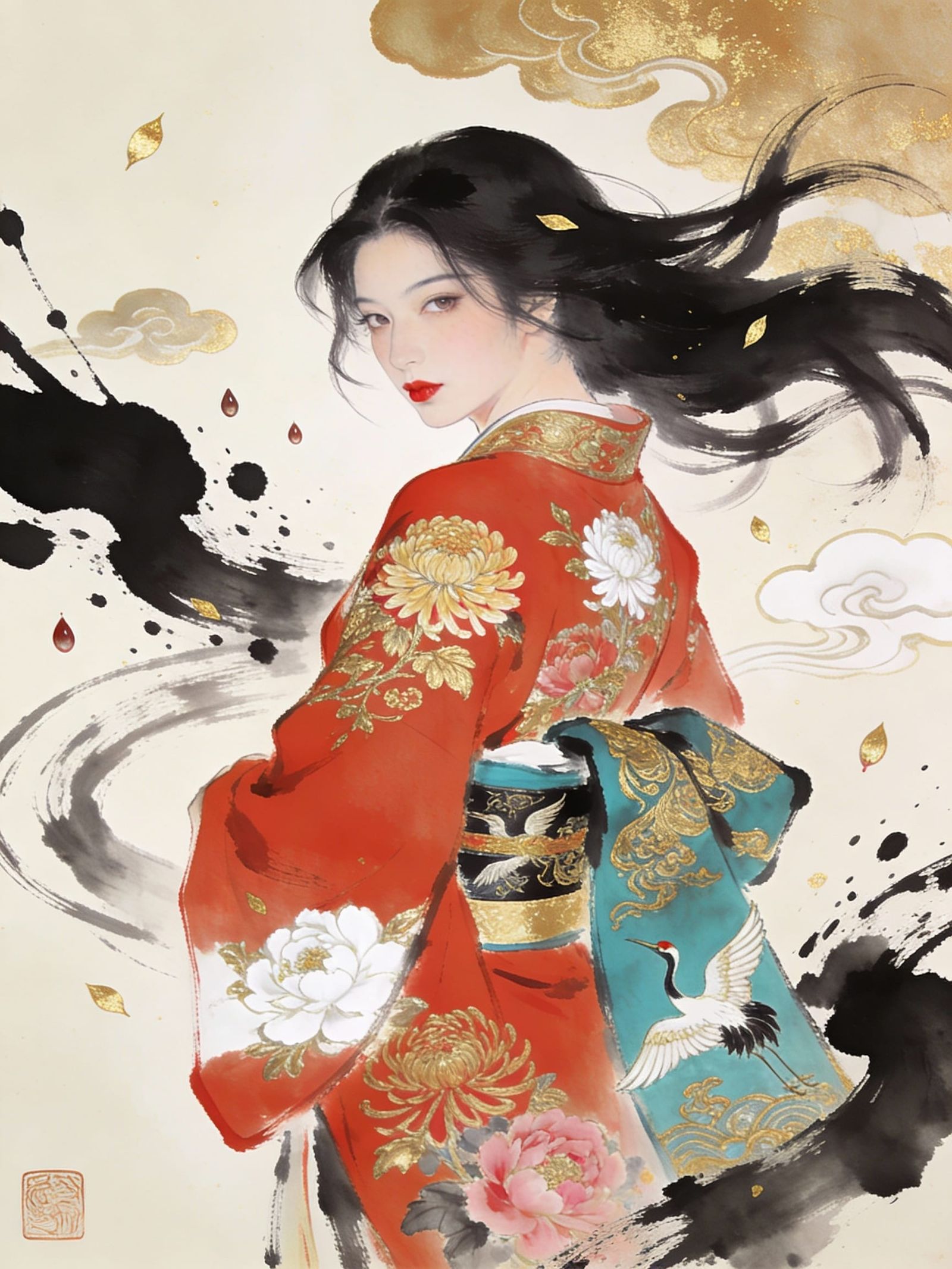 Ethereal Woman in Ornate Kimono, Eastern Fantasy Style
