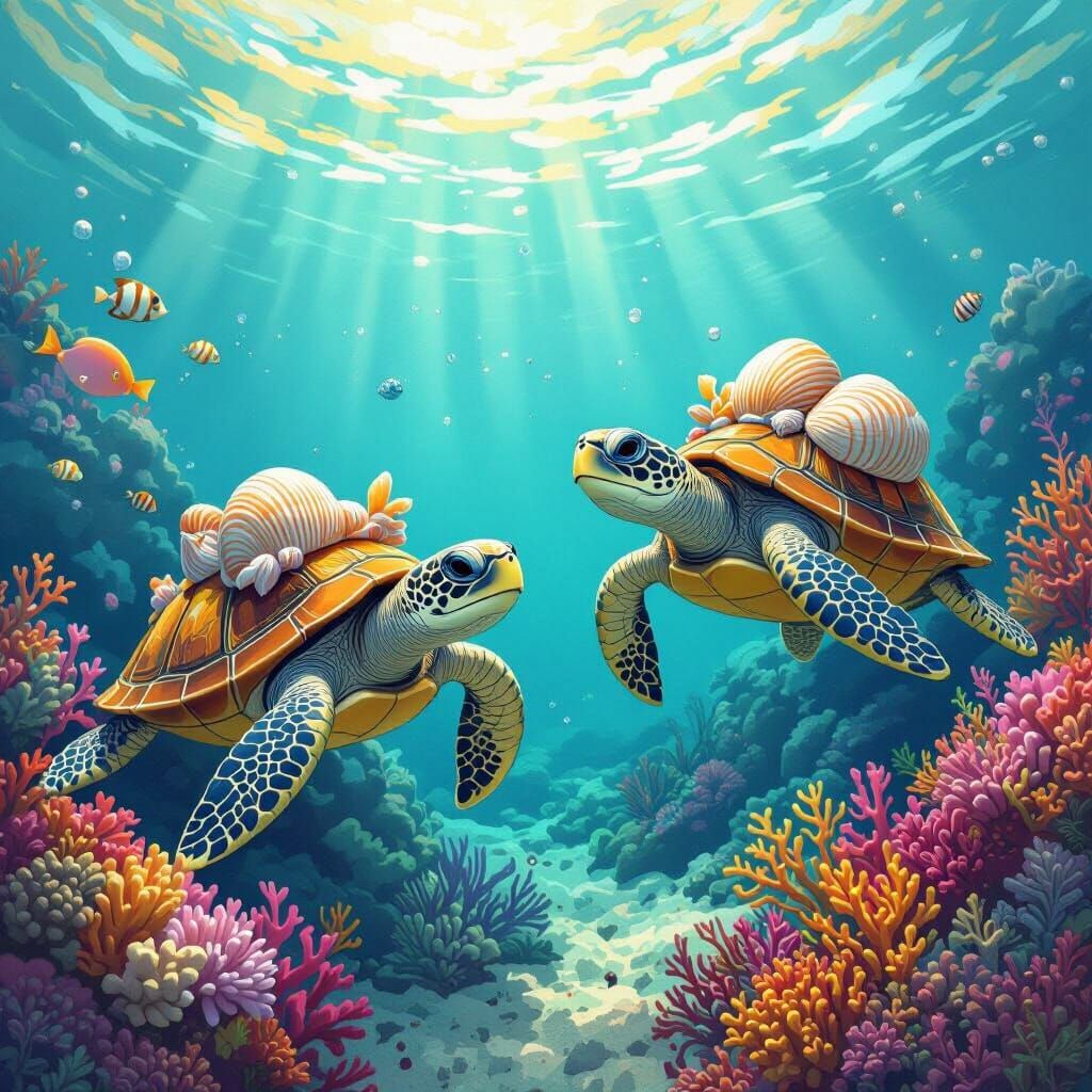 Seashell Turtles in Coral Reef Dreamscape