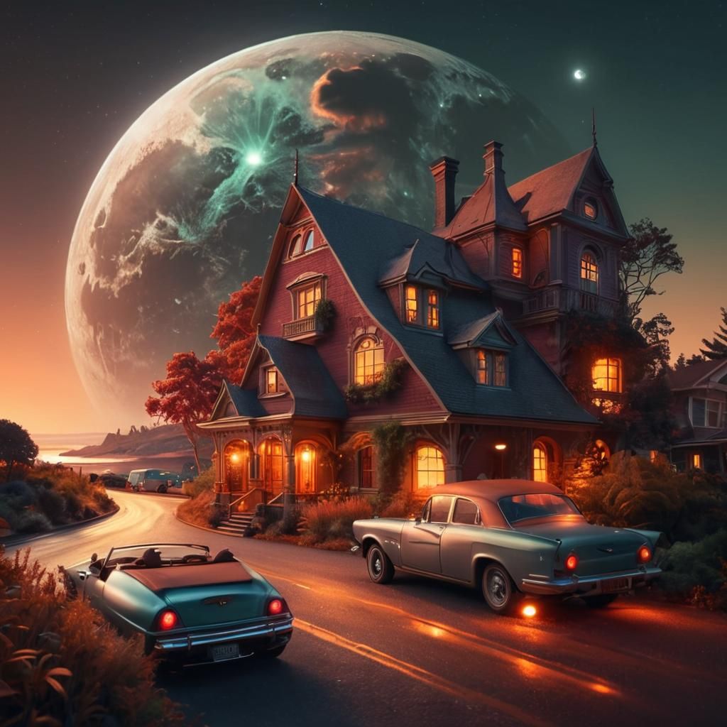 Cozy Victorian House in Surreal Fantasy Landscape