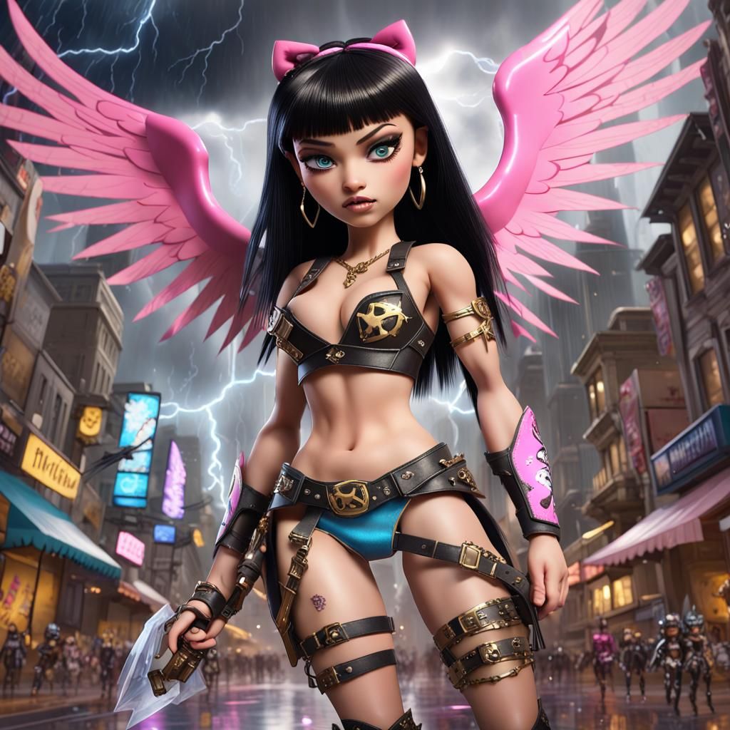 Hybrid Warrior Rockstar Doll Soaring Through Stormy City