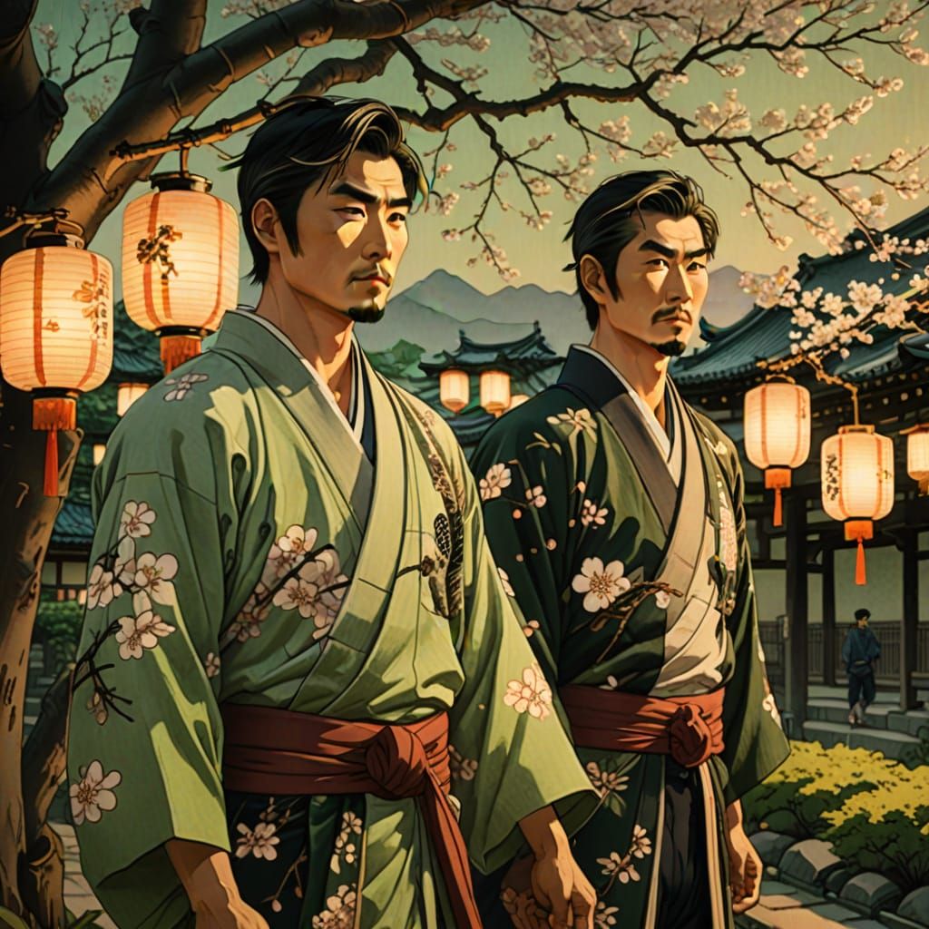 Ukiyo-e Style Asian Men at Sundown With Cherry Blossoms