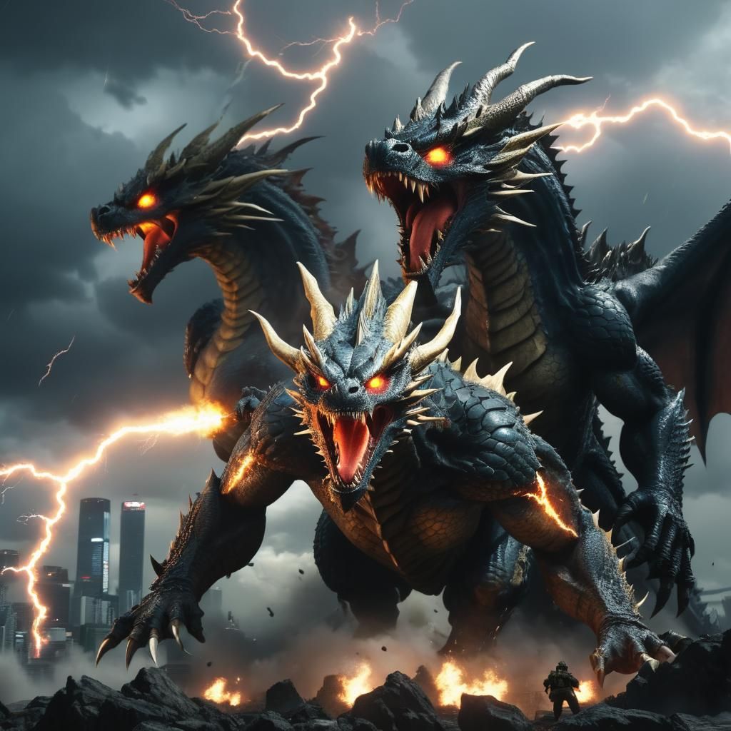 three heads on a dragon breathing lightening, destroying Tok...