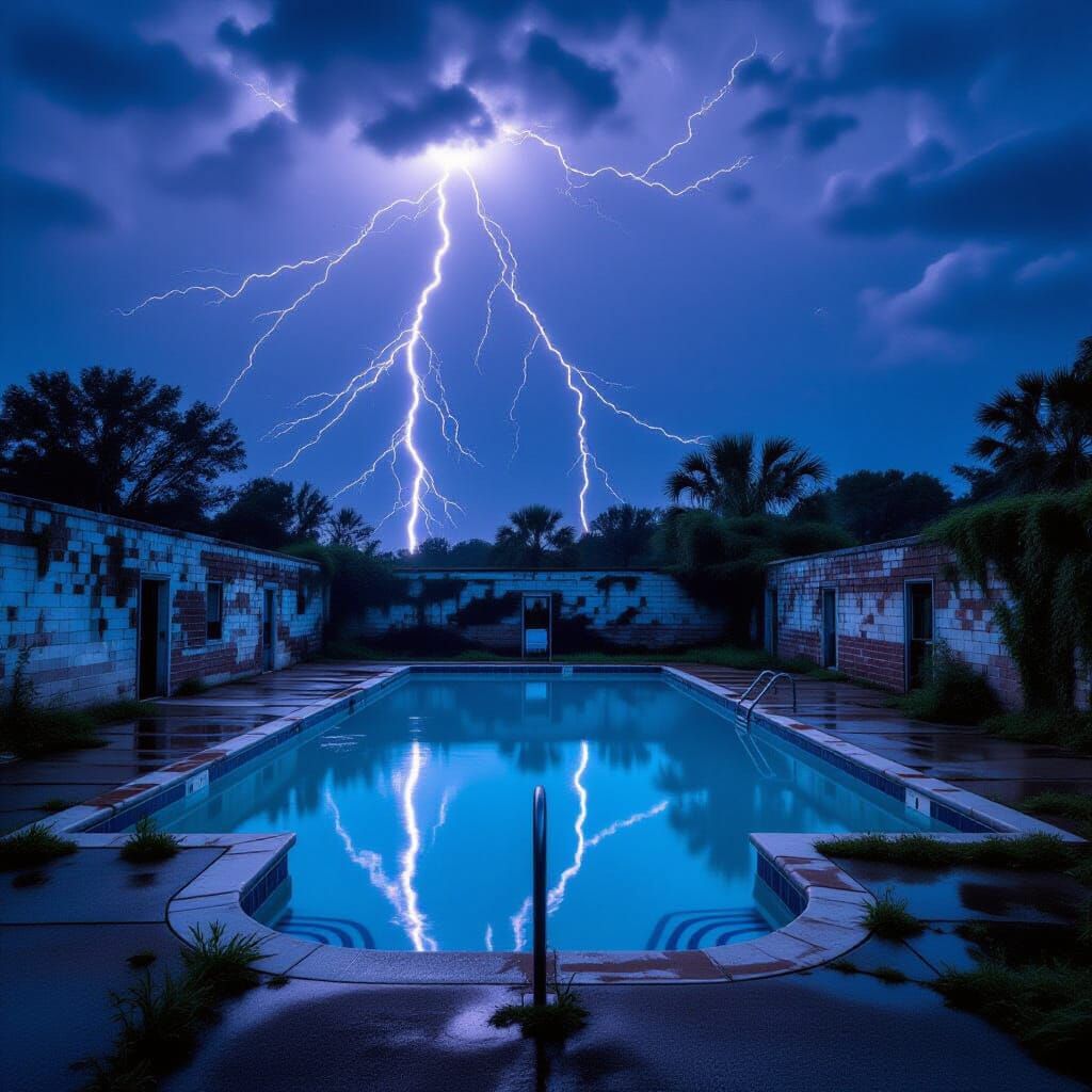 Creepy Abandoned Pool Under a Thunderstorm Sky