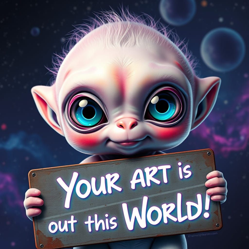 Chubby Alien Baby Holds Sign in Cosmic Graffiti Style