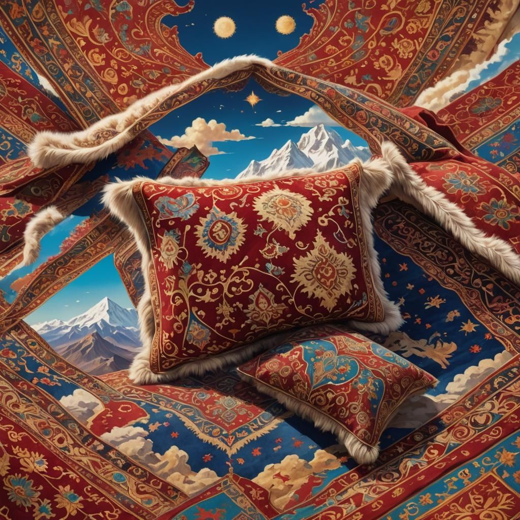 Flying Carpet with Pillows in Dark Surrealist Style