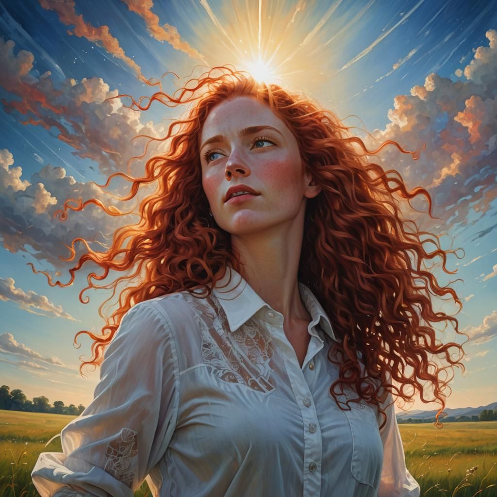 Woman with Red Hair Gazing at Sky, Digital Art