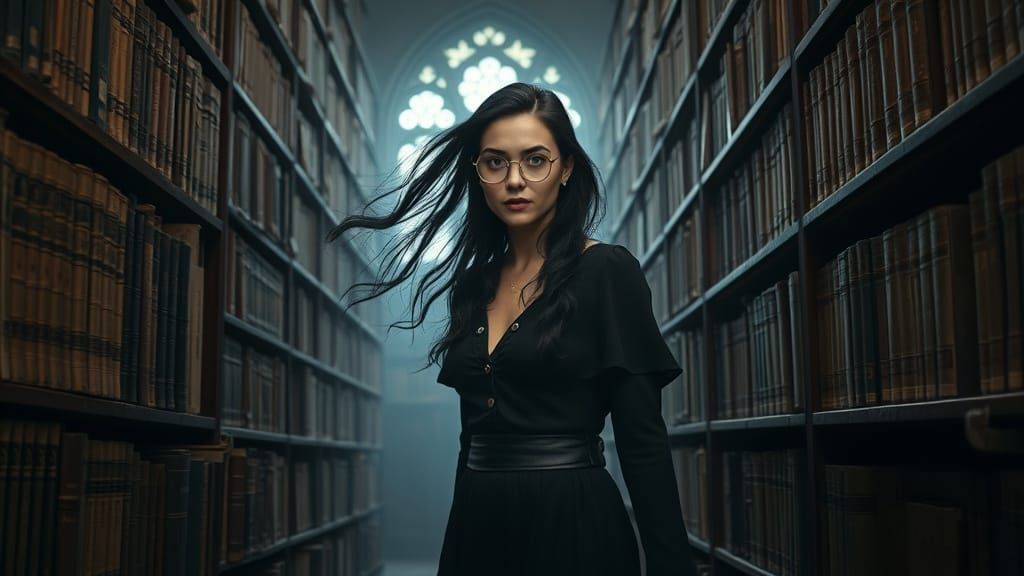 Gothic Celtic Librarian in Dark Fantasy Library