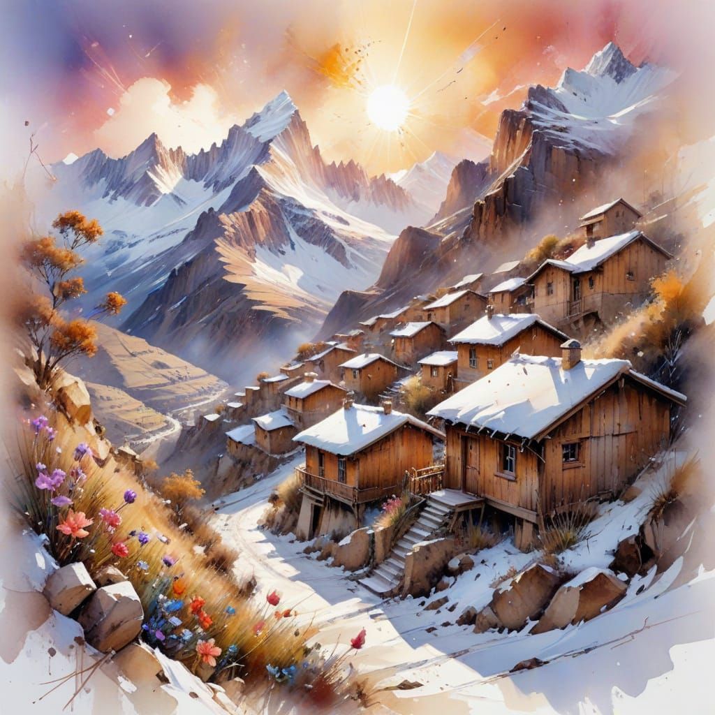 Andean Village Watercolor Painting in Ethereal Style