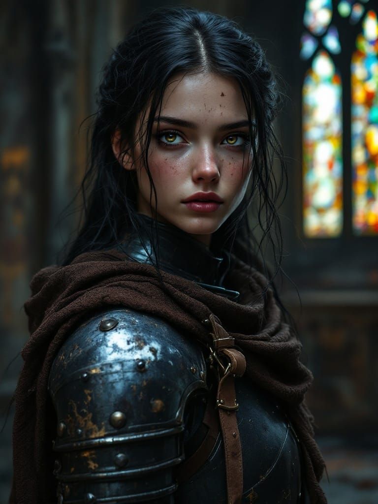 Battle-Worn Knight Girl in Gothic Cathedral