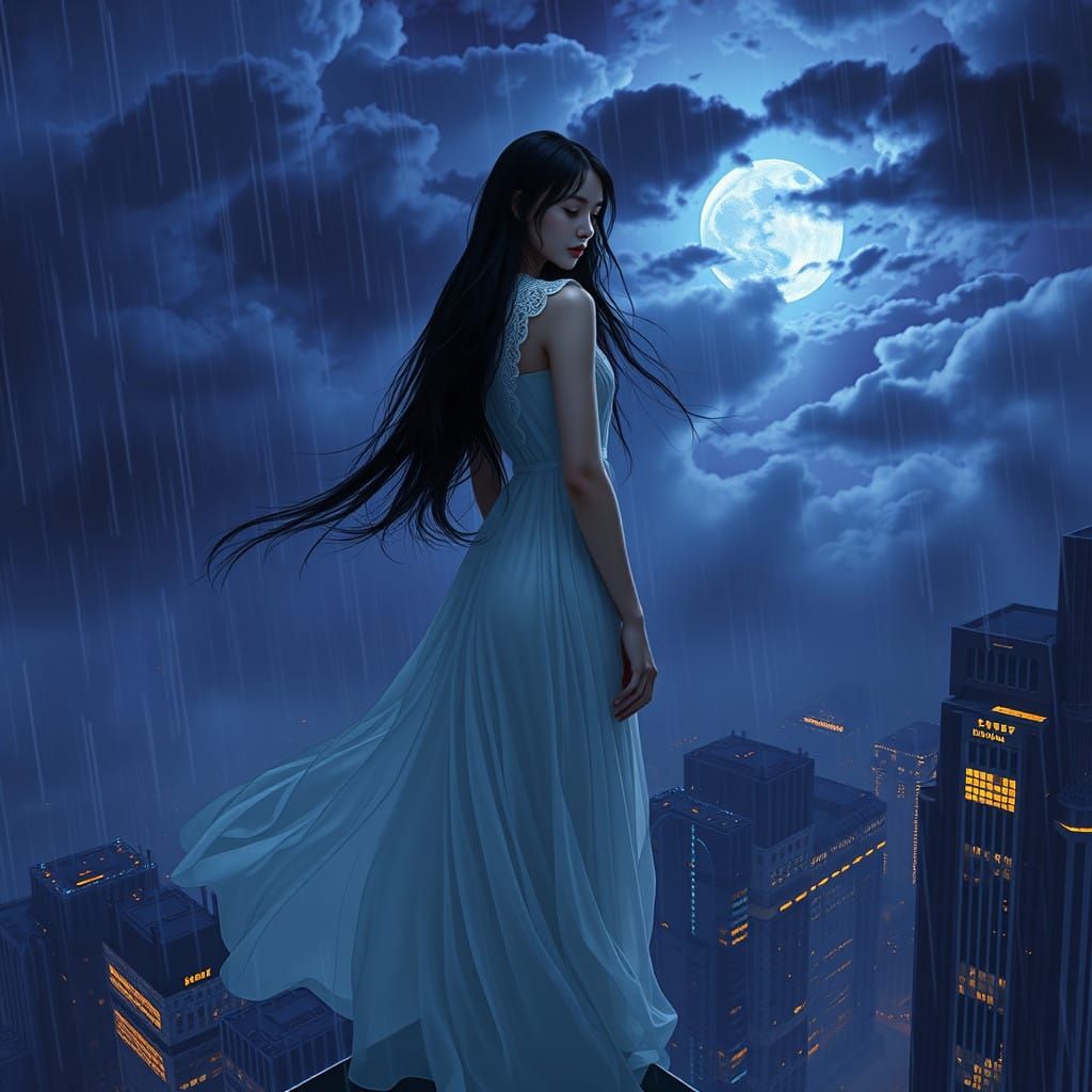 Ethereal Woman in Dark, Moody Urban Scene