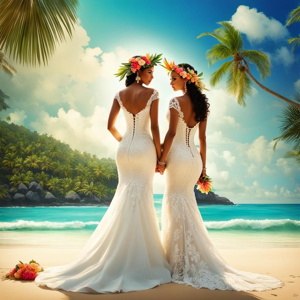 Lesbian Brides in Tropical Digital Art Paradise