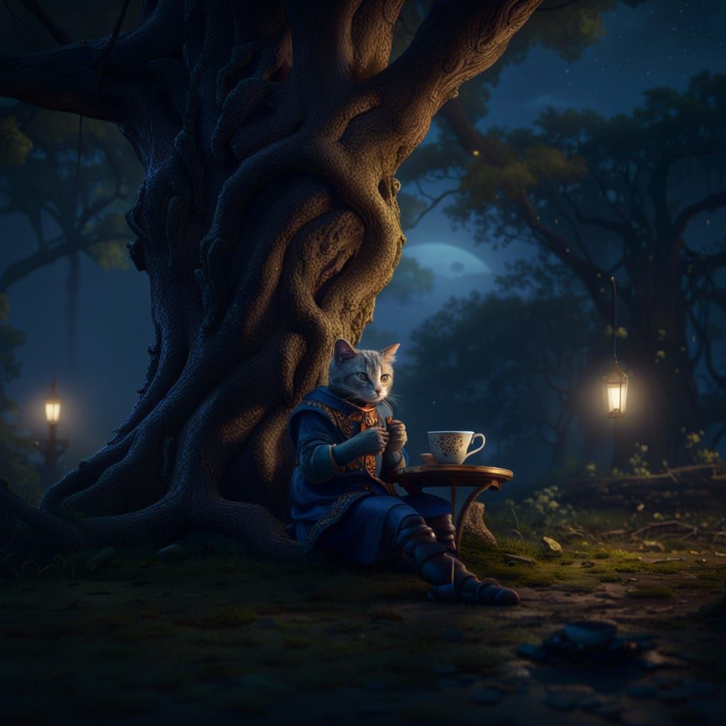 Humanoid Cat Enjoying Tea, Detailed Digital Art