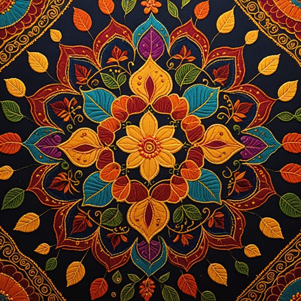 Vibrant Rangoli Art on Textile with Golden Lighting