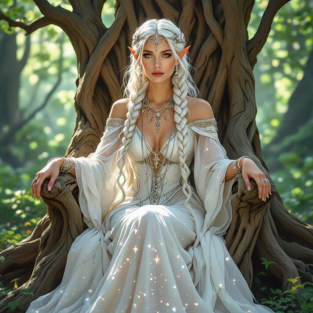 Elven Queen on Root Throne, Alphonse Mucha Style