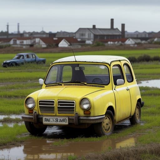 Retro Abandoned Bubble Car in a Muddy Field