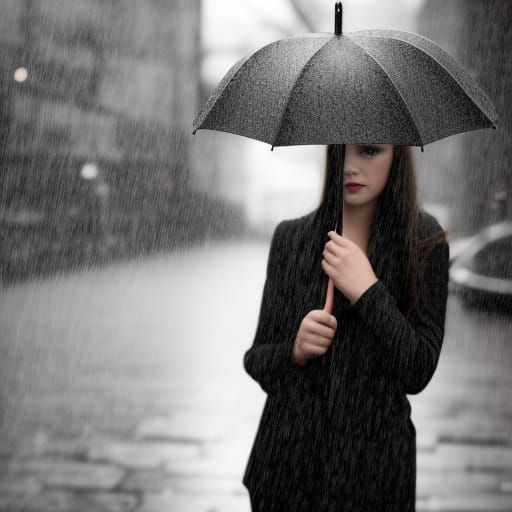 Rainy City Scene: Girl with Umbrella in Bokeh