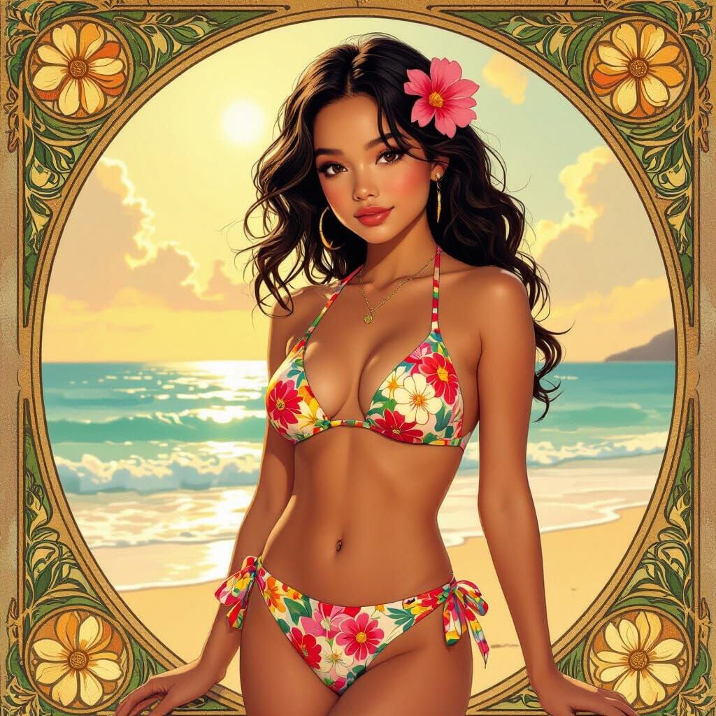 Jenna Ortega in Floral Bikini: Art Nouveau Anime Style