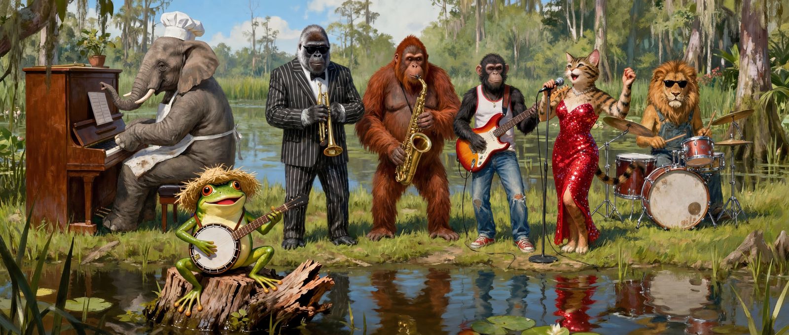 Swamp Band Grooves with Frog, Elephant, Lion, Gorilla, Orang...