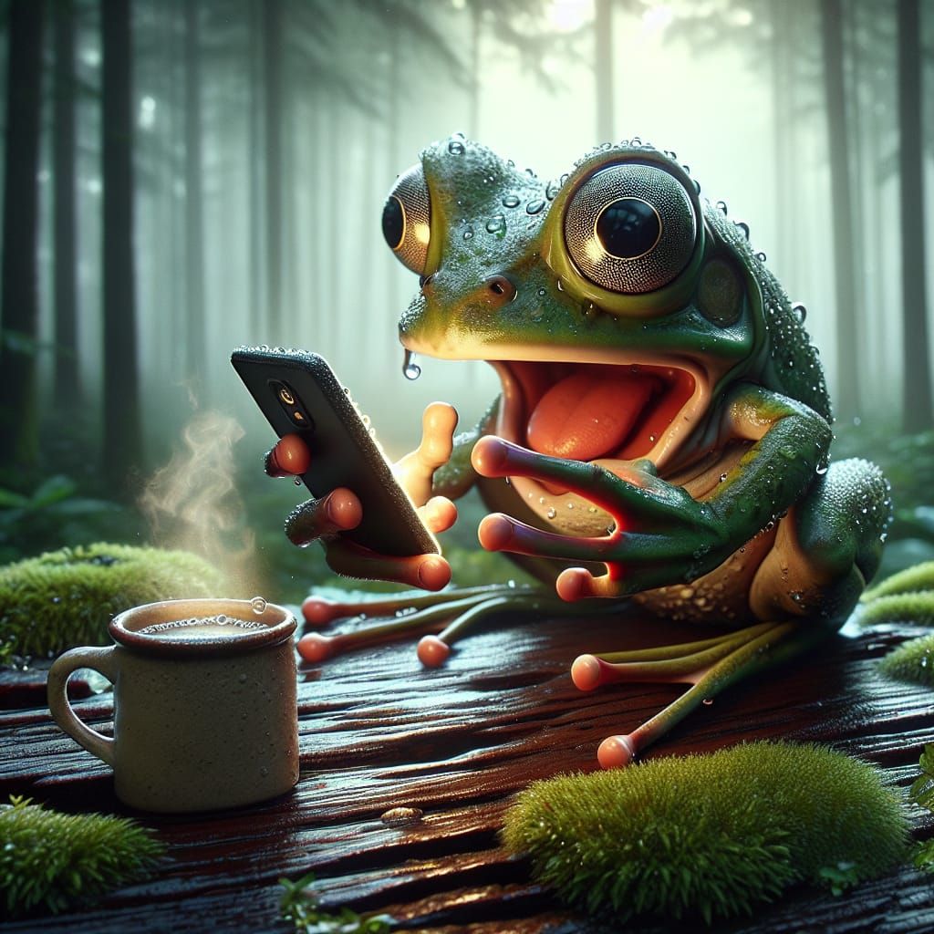 A surprised frog holding a small smartphone, frozen in disbelief as it looks at an unexpected message on the screen