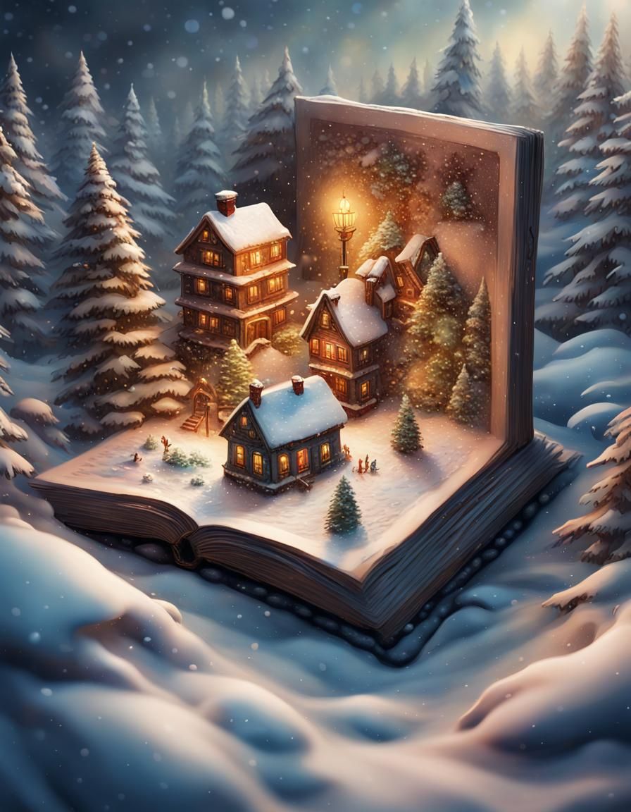Christmas Village in Book, Hyperrealistic Splash Art