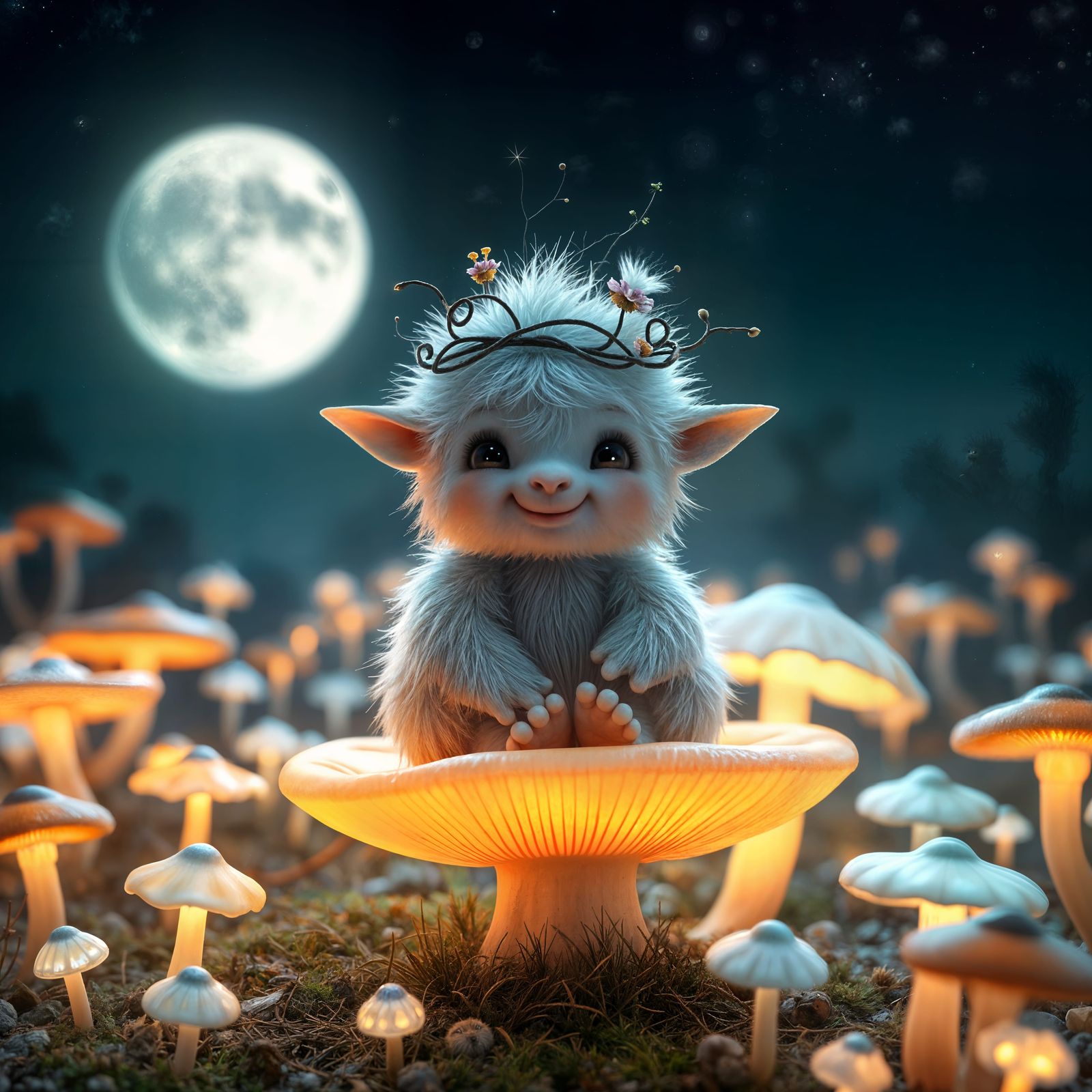 Whimsical White Furred Monster in a Radiant Mushroom Realm