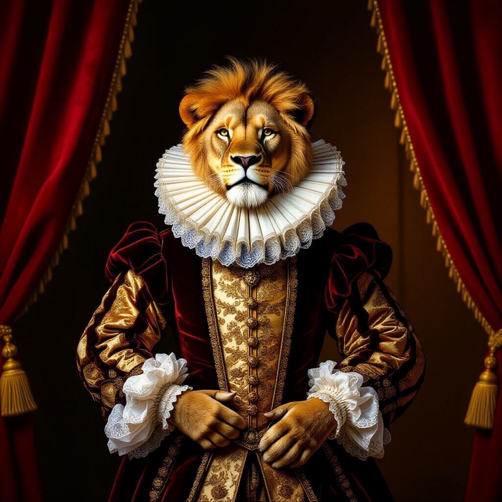 Lion in Elizabethan Costume on Stage, Oil Painting Style