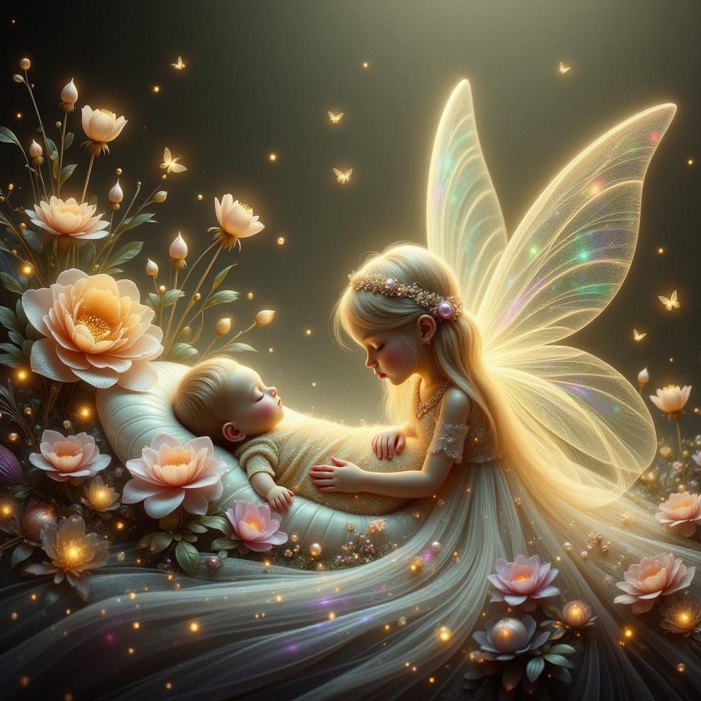 Gentle Fairy Watches Over Sleeping Newborn in Dreamlike Nurs...